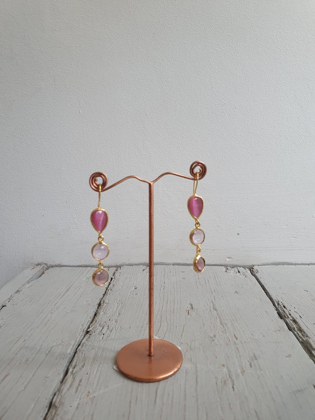 Pink Gemstone Triple Drop Earrings