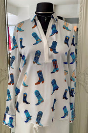 Blue Boot Print Silk Blouse