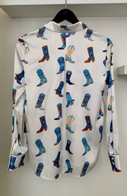 Blue Boot Print Silk Blouse