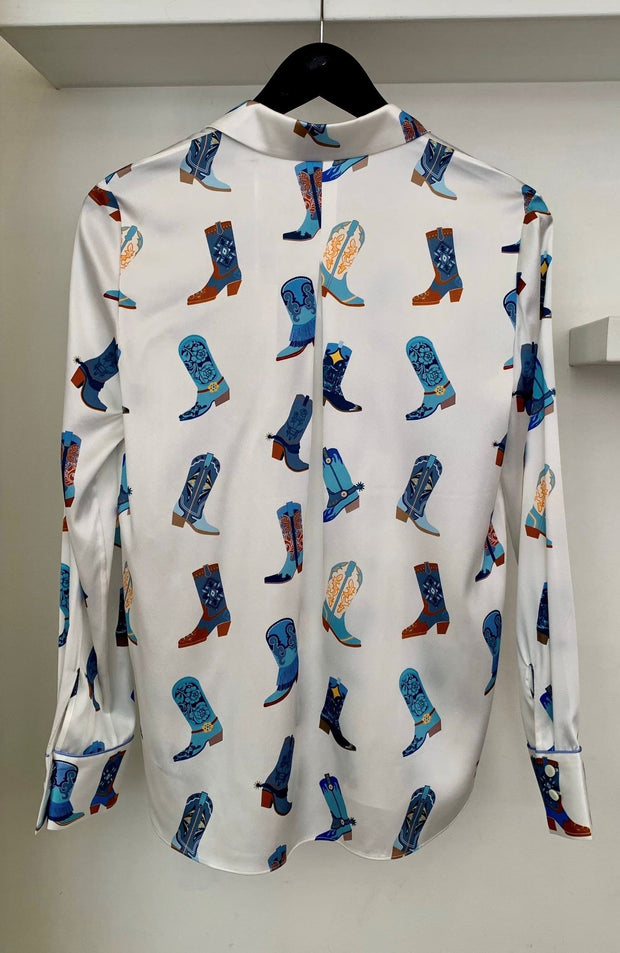 Blue Boot Print Silk Blouse