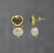 Laboradite & Pearl Gold Bar Earrings